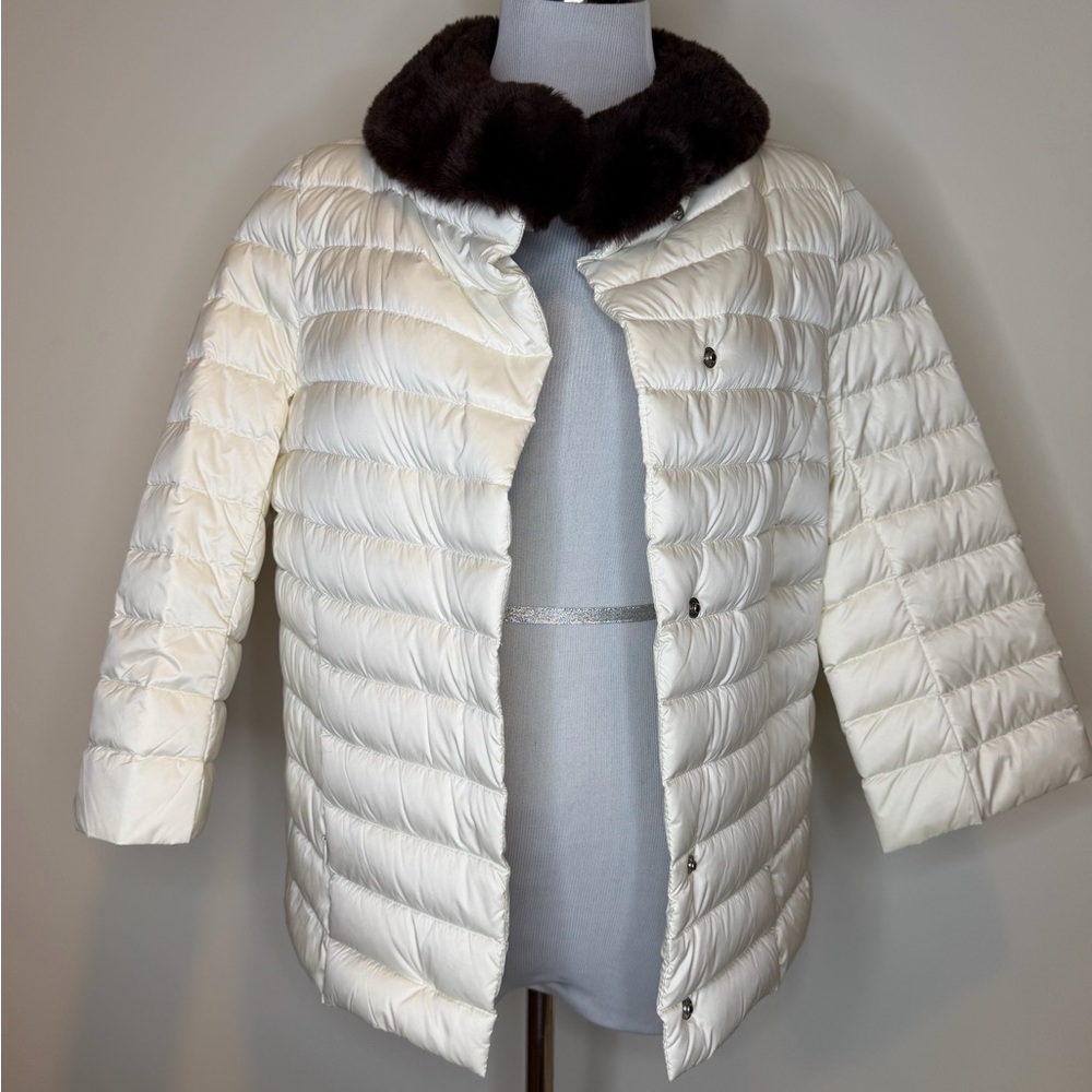 Women's JMcLaughlin Lightweight Down Jacket Faux Fur Collar 3/4 sleeve sz. Small